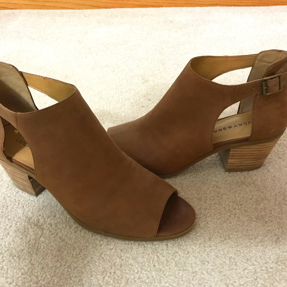 Lucky Brand Bootie 9 1/2 Brown Leather Upper Barimo Open Toe